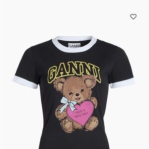 Ganni grey and White T-Shirt with Bear Graphic